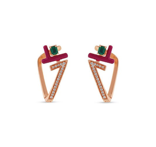 Penrose Triangle Shape With Red Enamel Malachite Emerald Diamond Stud Earrings