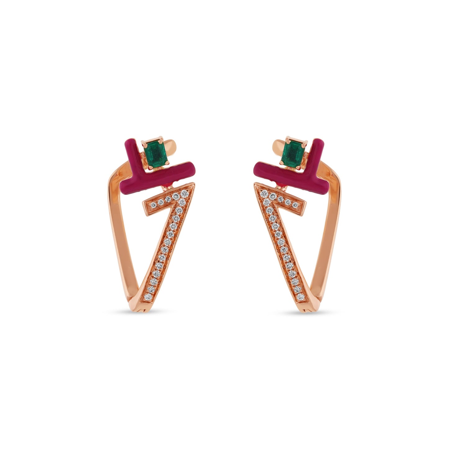 Penrose Triangle Shape With Red Enamel Malachite Emerald Diamond Stud Earrings