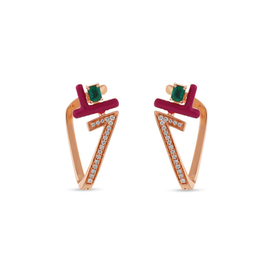 Penrose Triangle Shape With Red Enamel Malachite Emerald Diamond Stud Earrings