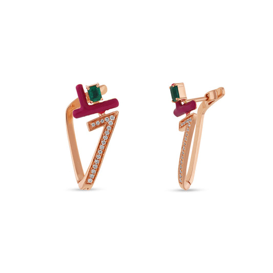 Penrose Triangle Shape With Red Enamel Malachite Emerald Diamond Stud Earrings