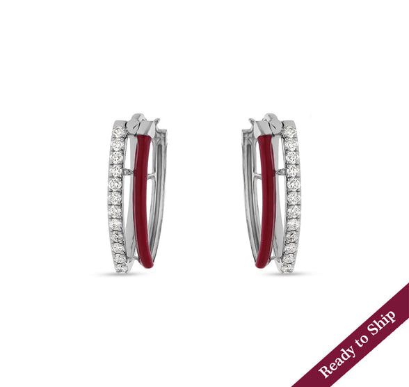 Red Enamel Round Diamond White Gold Woman Hoop Earrings