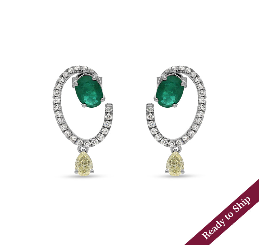 Green Oval Emerald Center Diamond With Pear Shape Diamond White Gold Drop Earrings