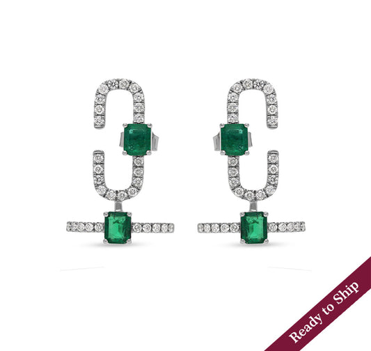Double Green Emerald Cut Diamond White Gold Stud Woman Earrings