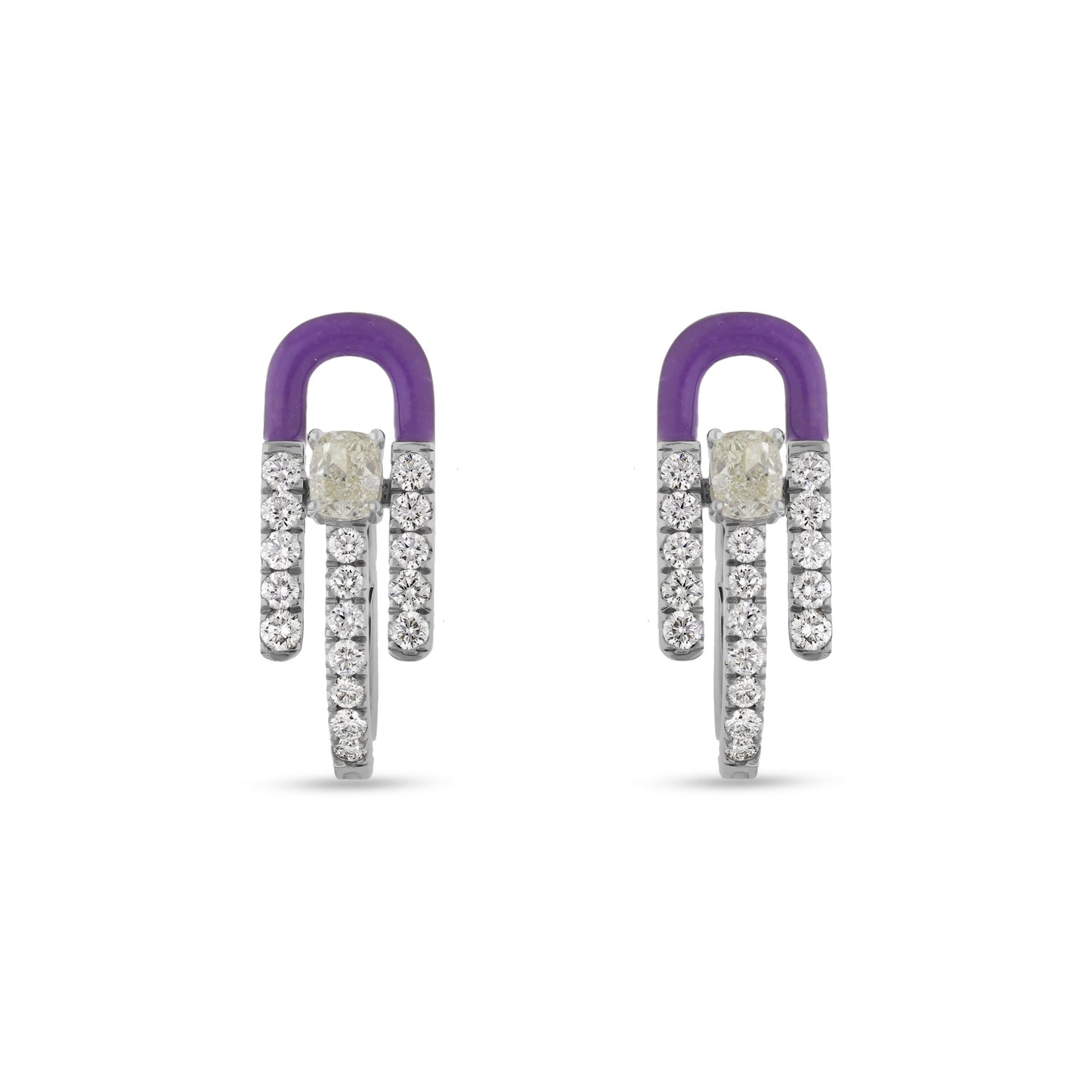 Purple Enamel With Center Emerald Diamond White Gold Hoop Woman Earrings