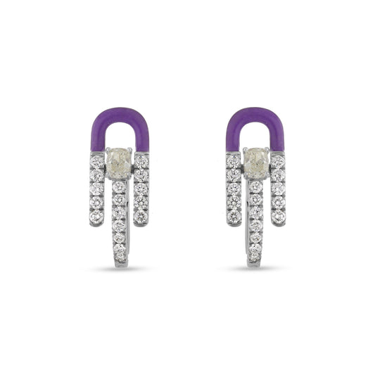 Purple Enamel With Center Emerald Diamond White Gold Hoop Woman Earrings