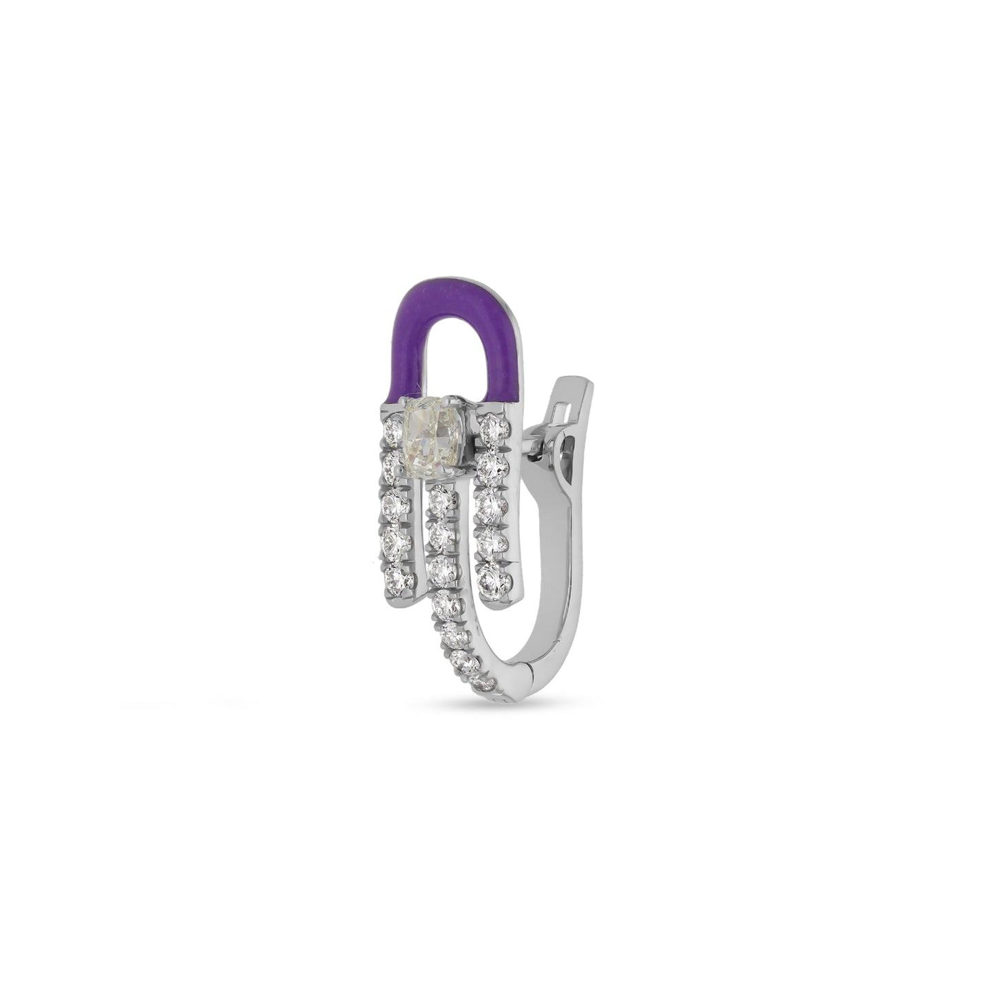 Женские серьги-кольца из белого золота с фиолетовой эмалью и центральным изумрудным бриллиантом 