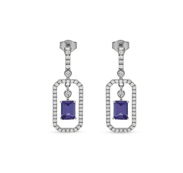 Emerald Shape Blue Tanzanite & Round Diamond White Gold Drop Earrings