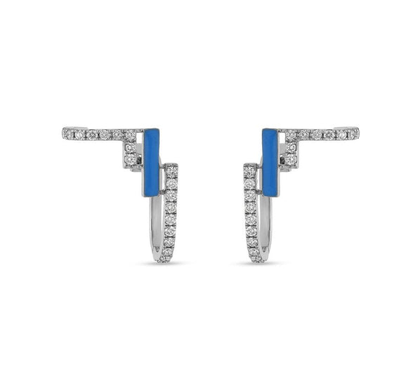 Blue Enamel Round Diamond White Gold Hoop Earrings