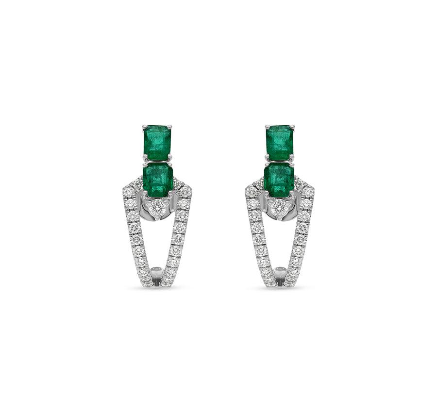 Double Green Emerald Shape With Round Diamond White Gold Stud Earrings