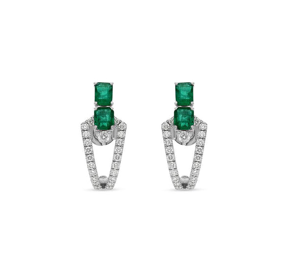 Double Green Emerald Shape With Round Diamond White Gold Stud Earrings