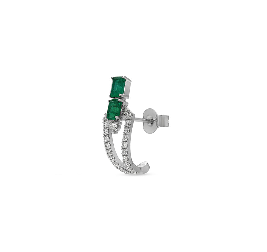 Double Green Emerald Shape With Round Diamond White Gold Stud Earrings