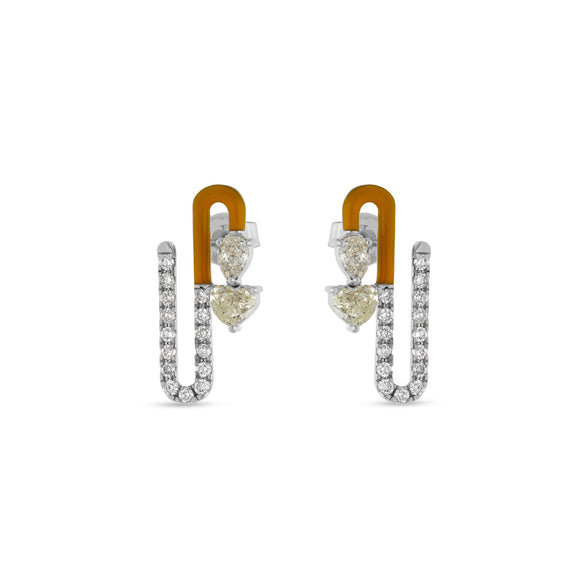 Серьги-гвоздики из белого золота с желтой эмалью охры, грушей в центре и бриллиантом в форме сердца 