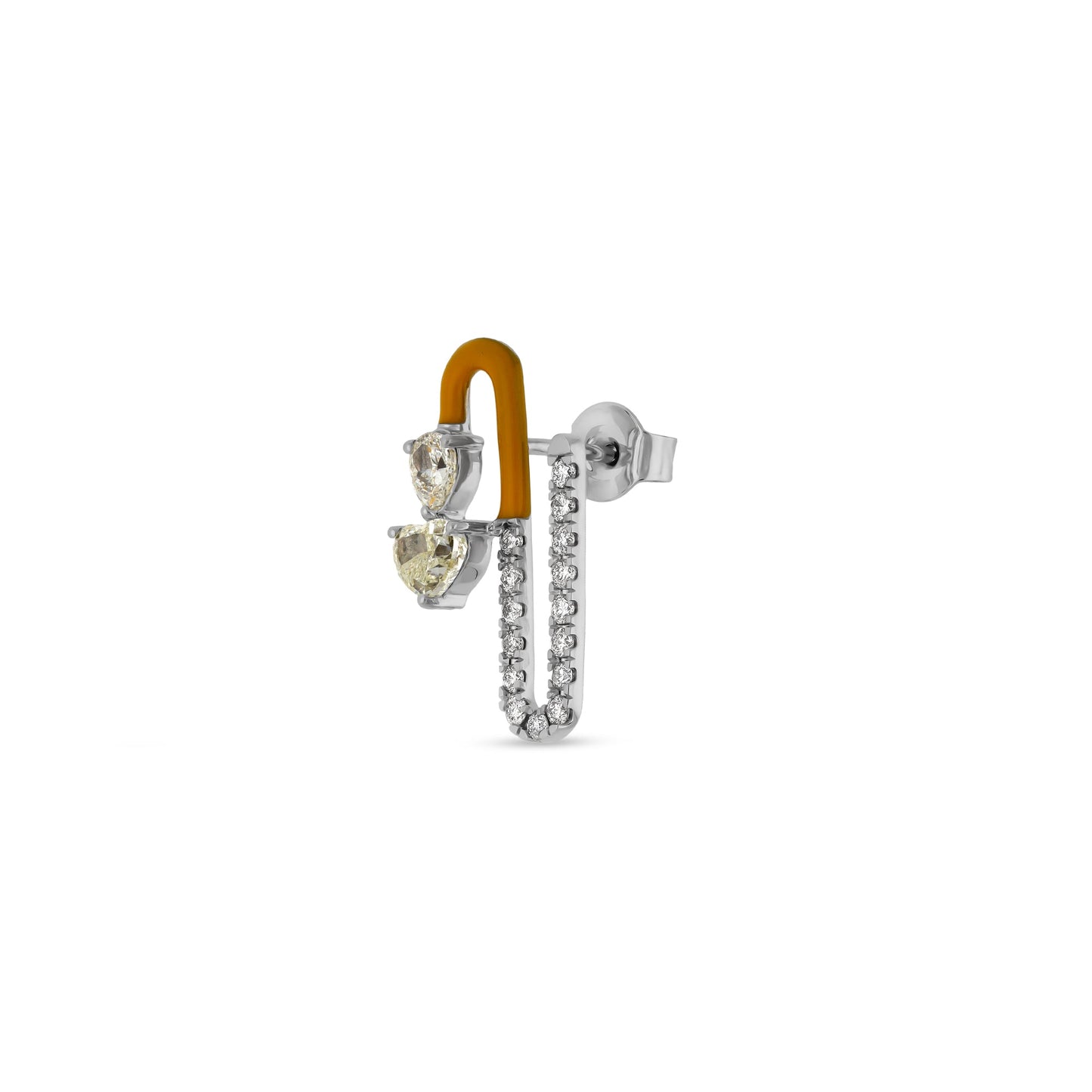 Серьги-гвоздики из белого золота с желтой эмалью охры, грушей в центре и бриллиантом в форме сердца 