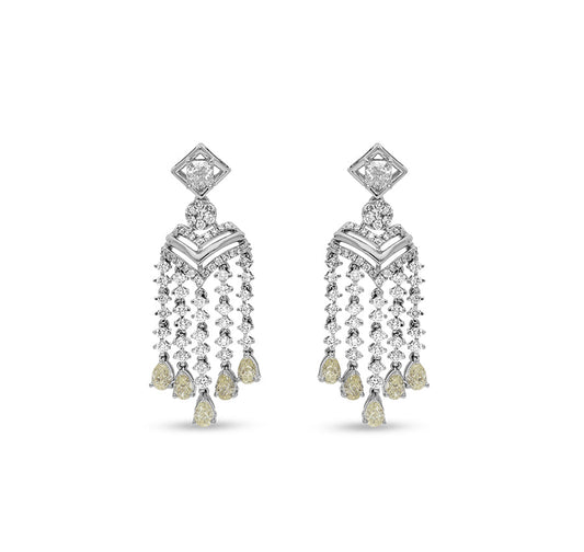 Yellow Pear And Round Natural Diamond White Gold Dangle Earrings
