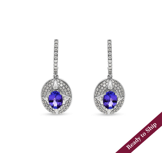 Blue Oval Stone With Round Natural Diamond White Gold Dangle Earrings