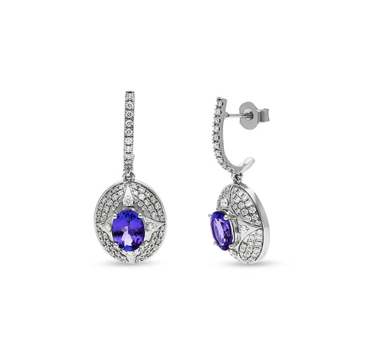 Blue Oval Stone With Round Natural Diamond White Gold Dangle Earrings