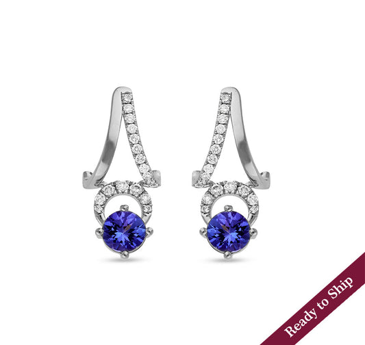 Blue Round Tanzanite Natural Diamond With Prong Setting White Gold Stud Earrings