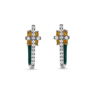 Green Enamel With Round And Emerald Diamond White Gold Hoop Earrings