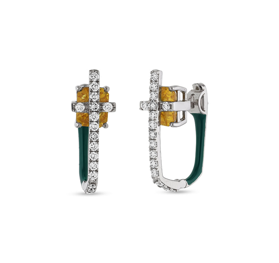 Серьги-кольца из белого золота с зеленой эмалью и круглыми изумрудными бриллиантами 