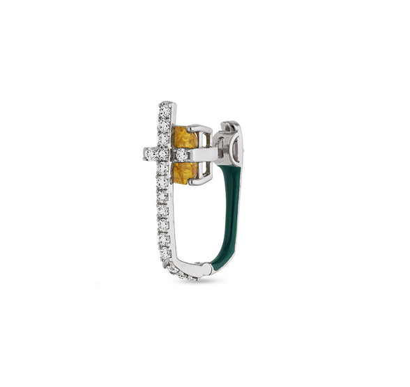 Green Enamel With Round And Emerald Diamond White Gold Hoop Earrings