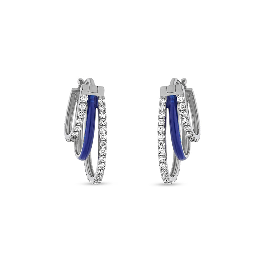 Серьги-кольца из белого золота с синей эмалью и круглыми натуральными бриллиантами 