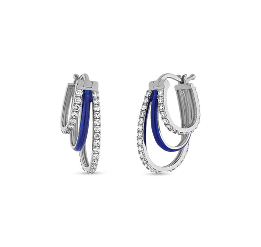 Серьги-кольца из белого золота с синей эмалью и круглыми натуральными бриллиантами 