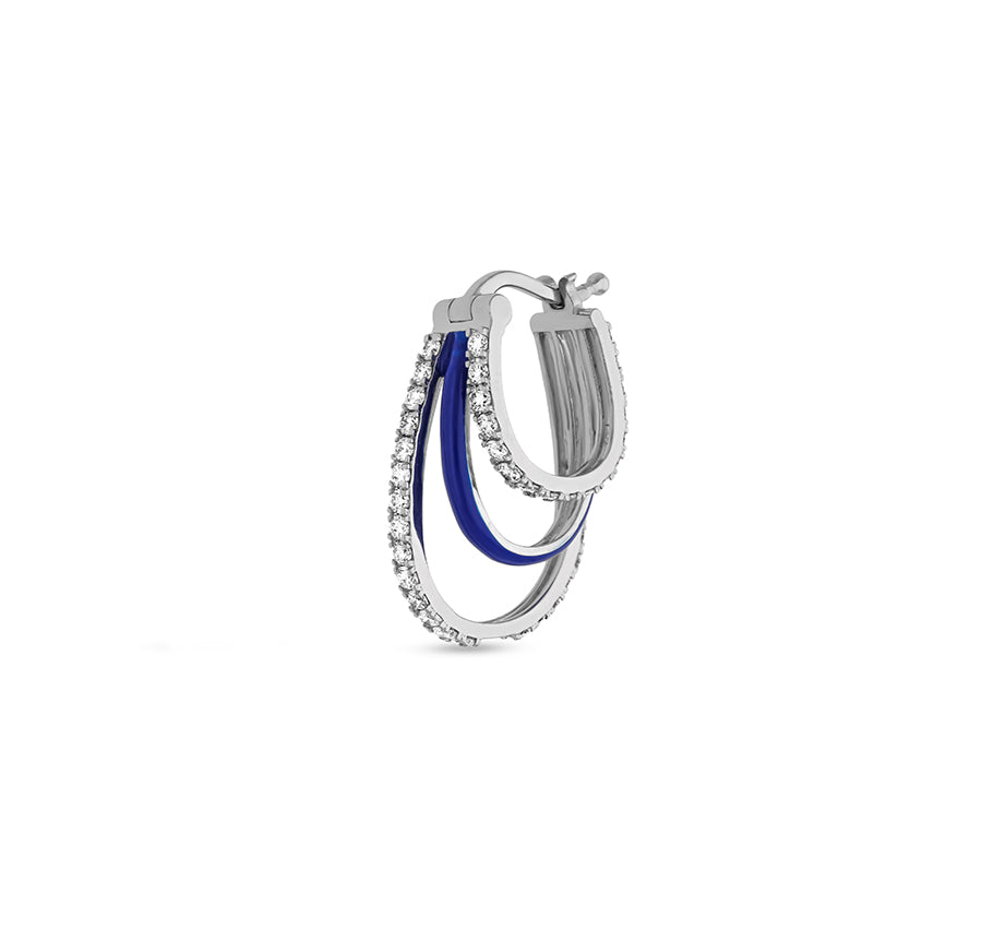 Blue Enamel With Round Natural Diamond White Gold Hoop Earrings