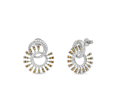 Firework With Yellow and Orange Sapphire Stone Round Cut Natural Diamond White Gold Stud Earrings