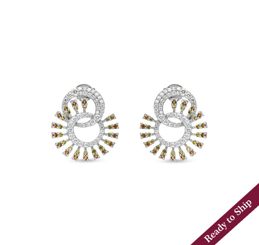 Firework With Yellow and Orange Sapphire Stone Round Cut Natural Diamond White Gold Stud Earrings