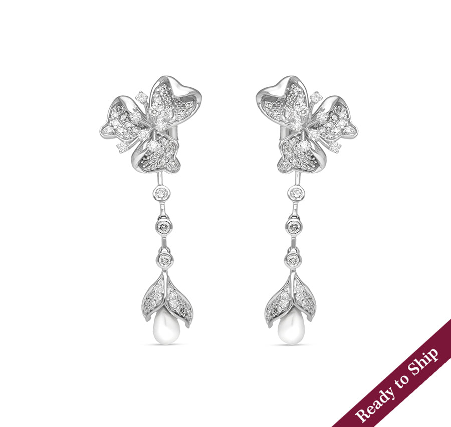Floral Shape Round Natural Diamond Dangle Pal White Gold Earrings