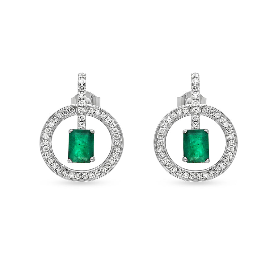 Circle Shape Round Natural Diamond And Green Emerald Cut With Prong Set Stud Earrings