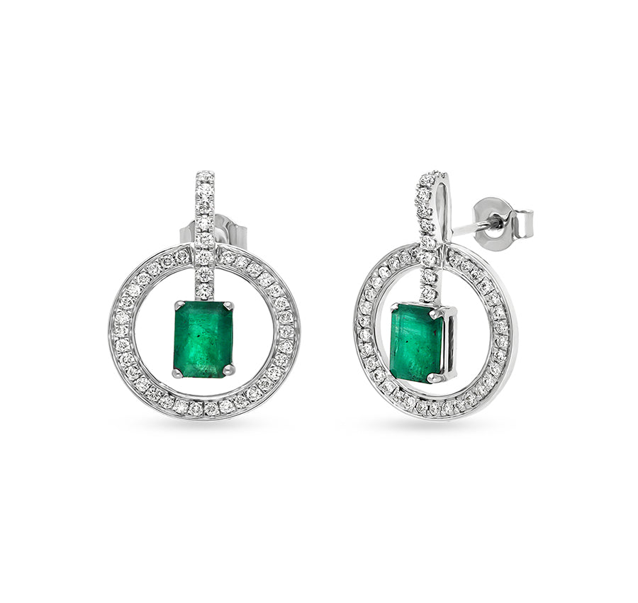 Circle Shape Round Natural Diamond And Green Emerald Cut With Prong Set Stud Earrings