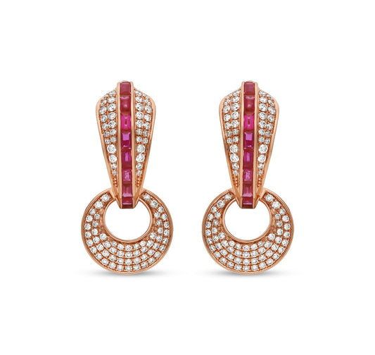 Round Natural Diamond With pink Baguette Rose Gold Hoop Earrings