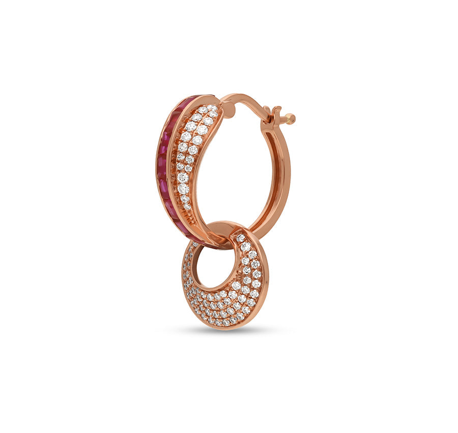 Round Natural Diamond With pink Baguette Rose Gold Hoop Earrings
