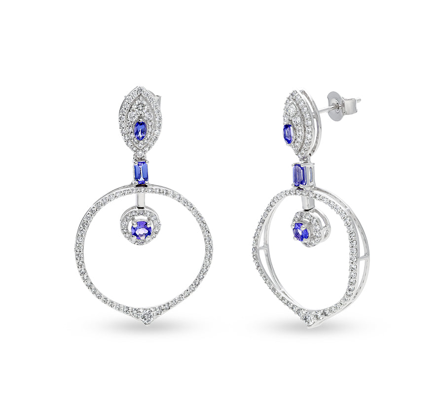 Circle Shape Round Natural Diamond With blue Emerald Stone White Gold Dangle Earrings
