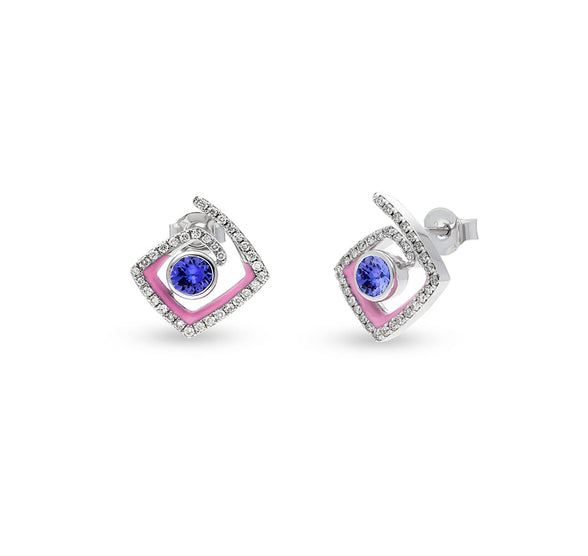 Round Blue Natural Stone With Pink Enamel White Gold Diamond Stud Earrings