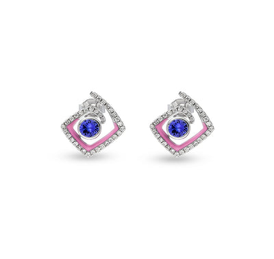 Round Blue Natural Stone With Pink Enamel White Gold Diamond Stud Earrings