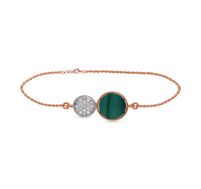 Round Diamond & Green Malachite Chain Lobster Claw Clasp Bracelet