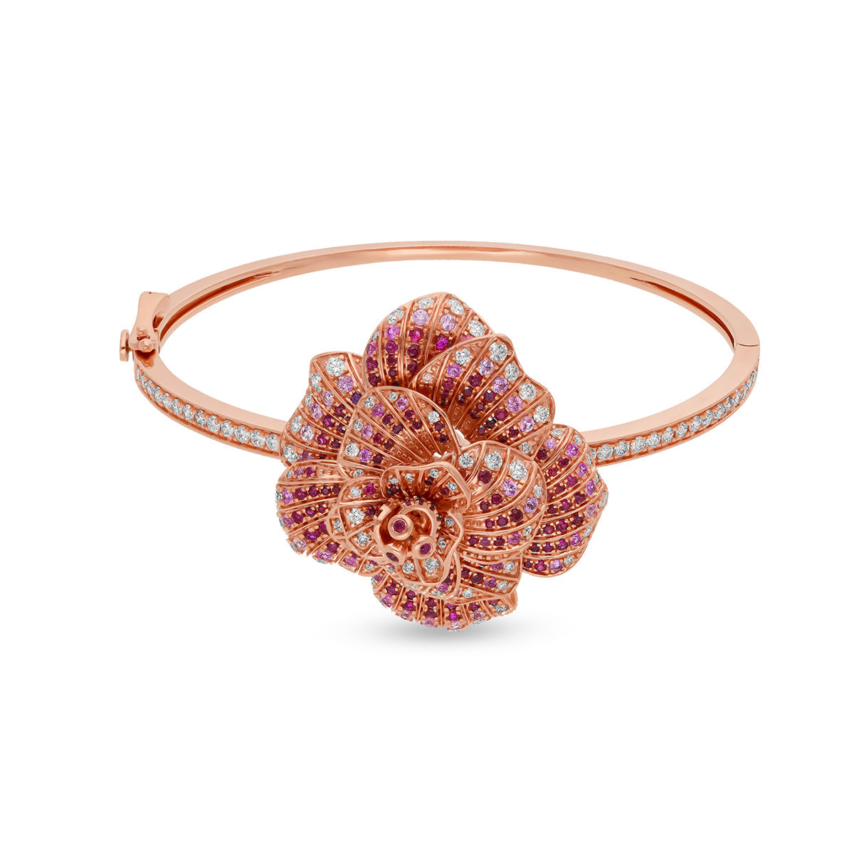 Нежный браслет с круглой застежкой из розового золота с цветочным принтом и бриллиантами 