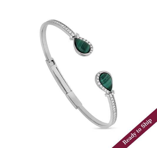 Pear Shape Green Malachite Diamond Push & Slide Clasp Women Bracelet