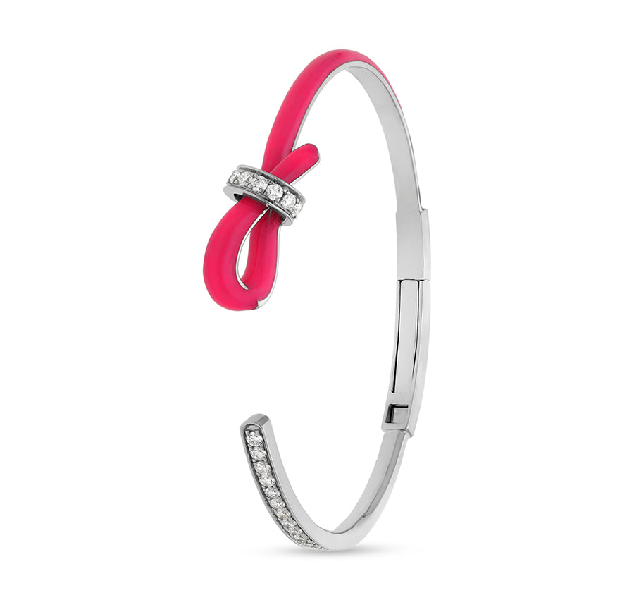 Pink Enamel White Gold Leather Cord Clasp Women Bracelet