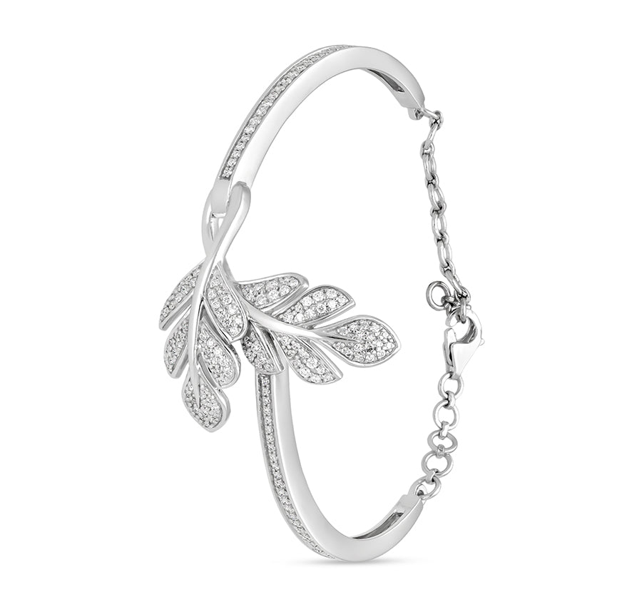 Two Leaf Round Natural Cut Diamond White Gold Twist Lobster Clasp Bracelet