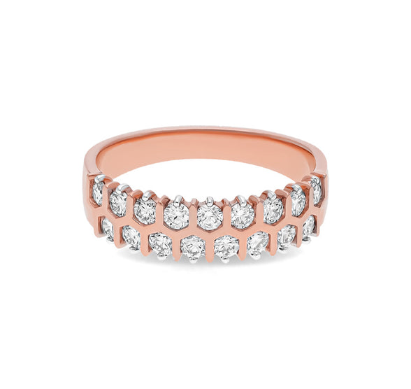 Round Shape Natural Diamond With Bar Set Rose Gold Casual Ring