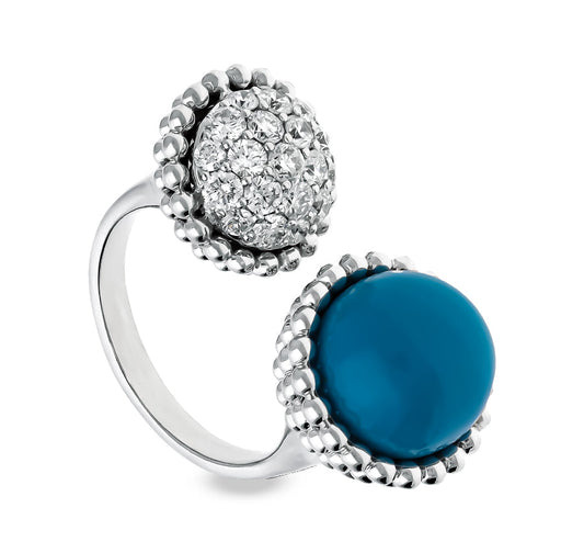 Небесно-голубое коктейльное кольцо из белого золота в форме шара с натуральным бриллиантом 