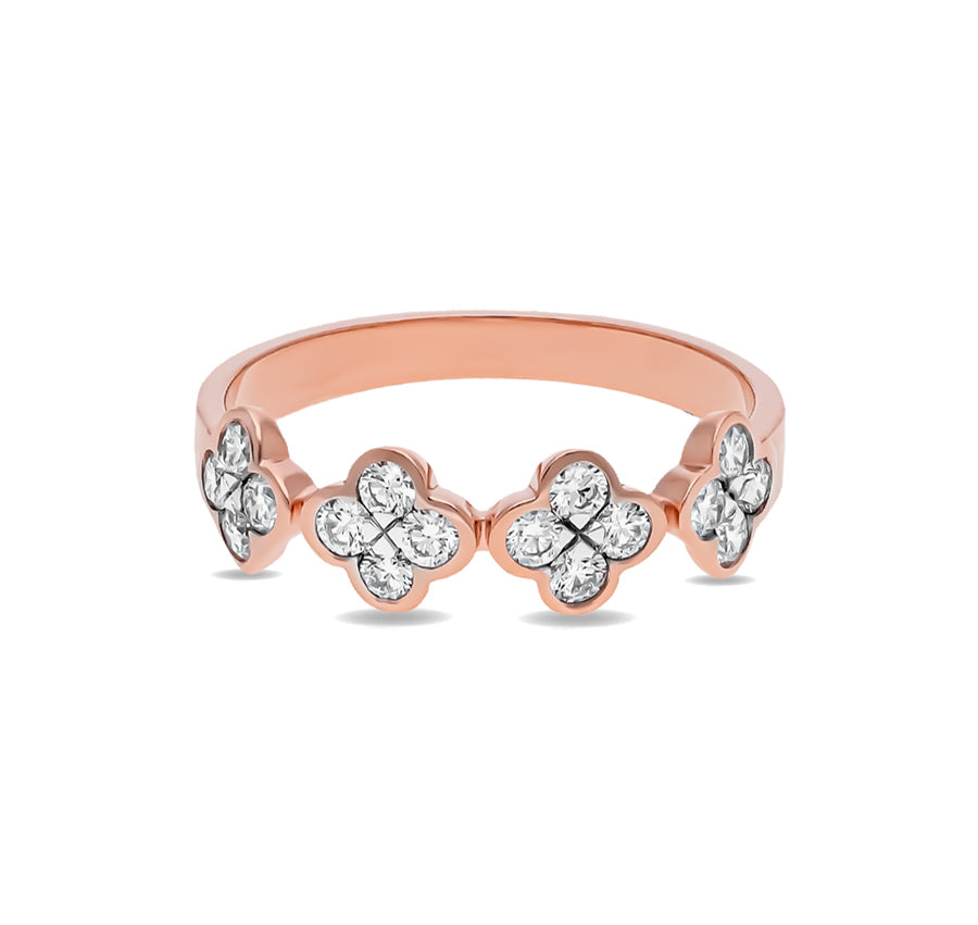 Повседневное кольцо из розового золота с четырьмя цветами и круглым натуральным бриллиантом в оправе 