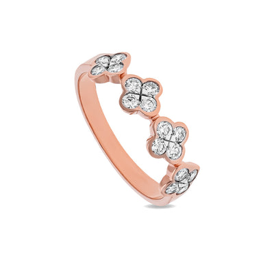 Повседневное кольцо из розового золота с четырьмя цветами и круглым натуральным бриллиантом в оправе 