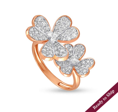 Обручальное кольцо из розового золота с двойным цветком и круглым натуральным бриллиантом в комплекте с зубцами 