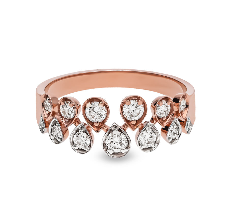 Повседневное кольцо из розового золота с круглым натуральным бриллиантом грушевидной формы и набором зубцов 