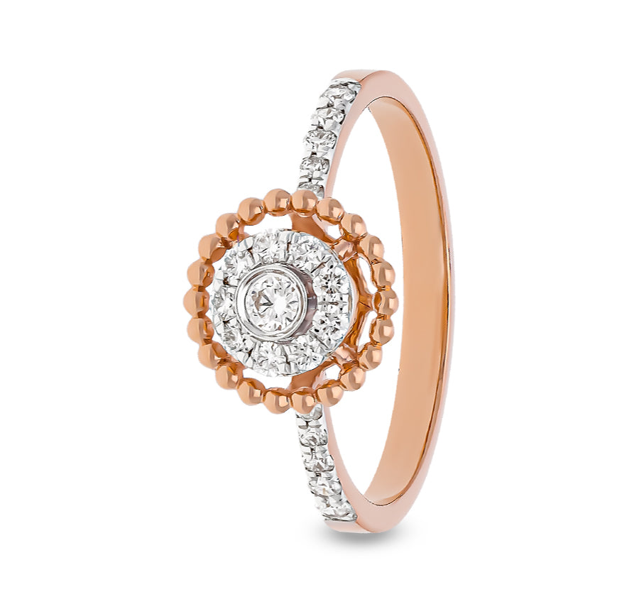 Кольцо Milgrain с круглым бриллиантом и зубцами из розового золота с ореолом 