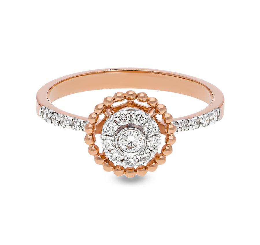 Кольцо Milgrain с круглым бриллиантом и зубцами из розового золота с ореолом 